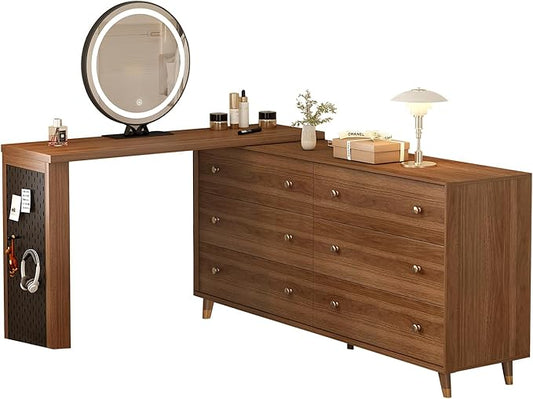 Makeup Vanity Desk Set with Full Aluminum HD Lighted Mirror and Stool, 60-100in Extendable Modern Vanity Table, 6-Drawer Solid Wood Frame Chest, Dressing Table for Bedroom, Brown