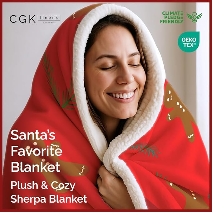 Christmas Sherpa Blanket Throw Size - Reversible Sherpa Fleece Blanket - Super Soft Double Sided Throw for Bed, Sofa, Couch - Thick, Warm, Cozy & Plush - Xmas Winter Bedding - Gingerbread Man, 50x60