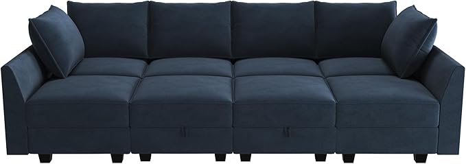 HONBAY Modular Sectional Sleeper Sofa Velvet Sleeper Couch with Storage Seats Oversized Sectional for Living Room,Dark Blue