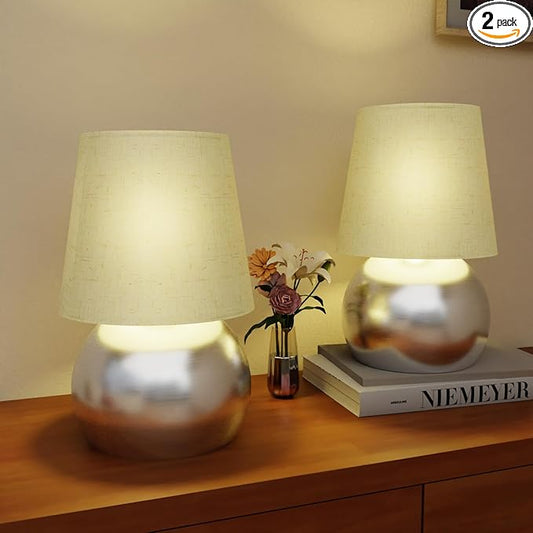 Set of 2 Small Silver Spherical Base Bedside Table Lamp with Textured Linen Shade (Bulb Included)