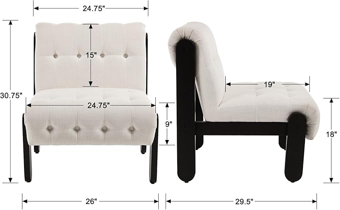 Modern Armless Accent Chair Set of 2 for Living Room, Beige Chenille Button Tufted Upholstered Lounge Reading Chair with Black Wood Frame