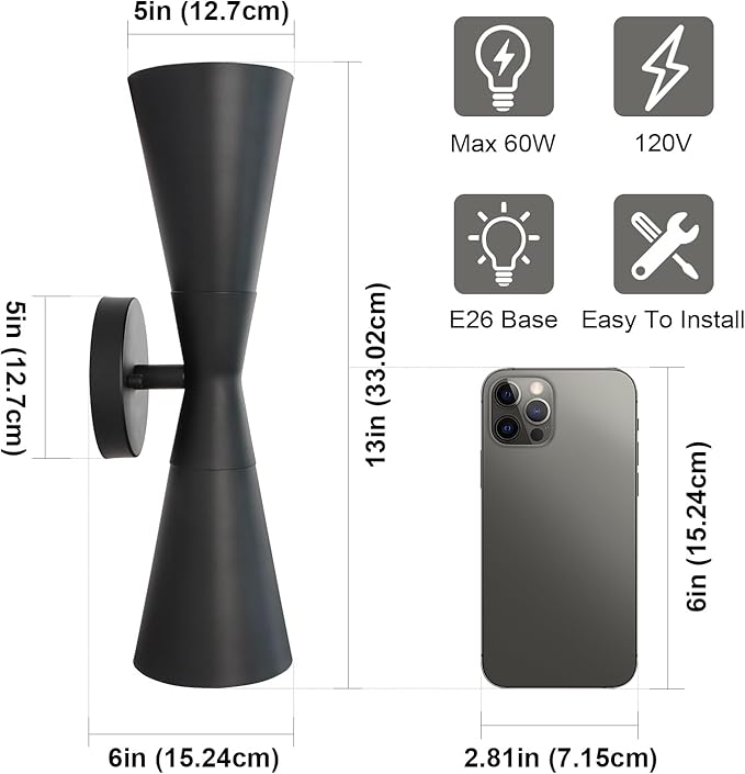 Wall Sconce Bathroom Sconces Wall Lighting, 13 inch Black Modern Sconces Up Down Lights Wall Decor Indoor Wall Light Fixtures for Living Room Hallway Staircase Bedroom Hardwired