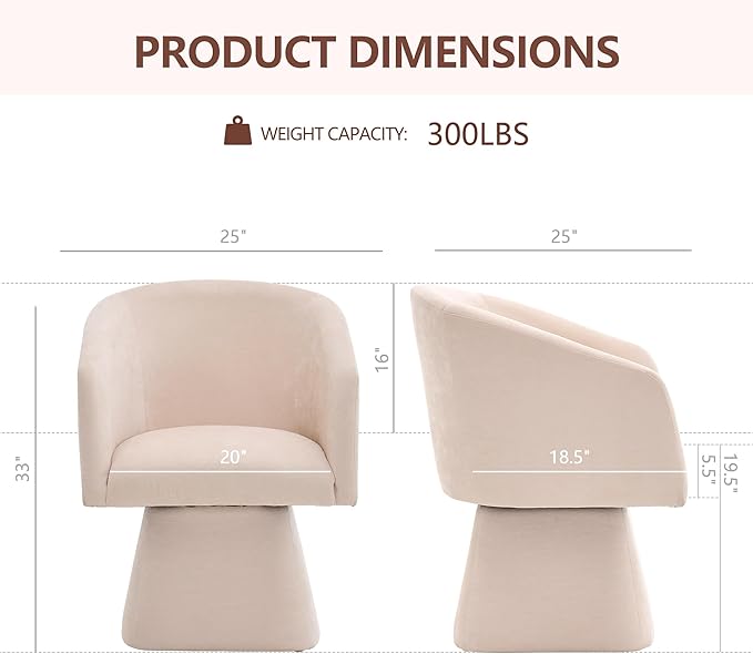 Swivel Modern Accent Chair,Luxury Fabric Upholstered Makeup Chair Comfy Barrel Chair with No Wheels,360°Rotating Vanity Armchair for Living Room Bedroom Office (White,Set of 2)
