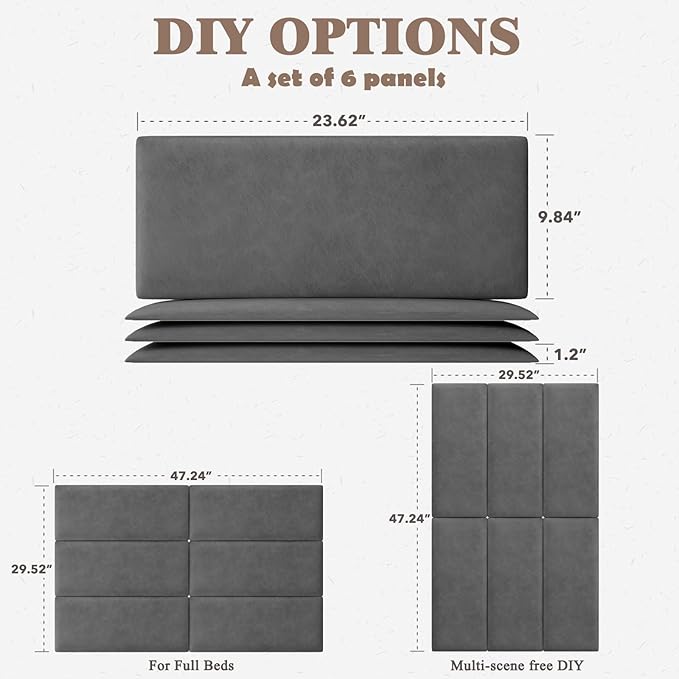 Upholstered Headboard for Full Twin Size Bed, Wall Mounted & Peel and Stick Headboard, Soundproof DIY Wall Panels, Leather Head Board in Modern Design for Bedroom (6 Panels, Each 23.62"x9.84"