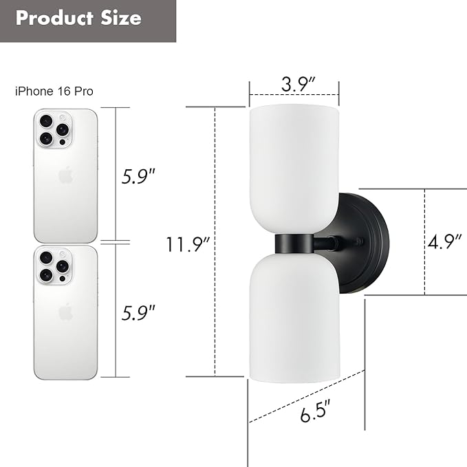 CLAXY Bathroom Light Fixtures 2-Light Vanity Lights-Milky Glasss Shade Wall Sconces with Black Finish