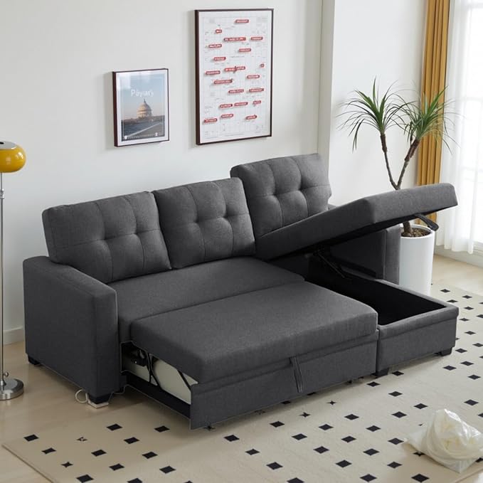 L-Shape Sofa Bed, 82" Sectional Couch with Storage Chaise, Pull Out Sleeper Sofa with Removable Back Cushions, Convertible Corner Couch for Living Room Apartment, Dark Gray