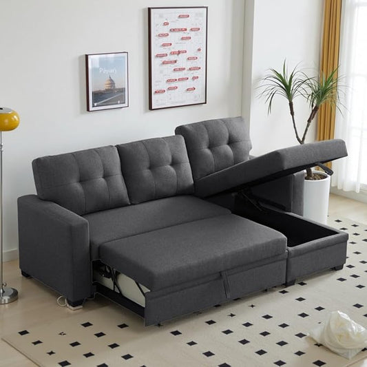 L-Shape Sofa Bed, 82" Sectional Couch with Storage Chaise, Pull Out Sleeper Sofa with Removable Back Cushions, Convertible Corner Couch for Living Room Apartment, Dark Gray