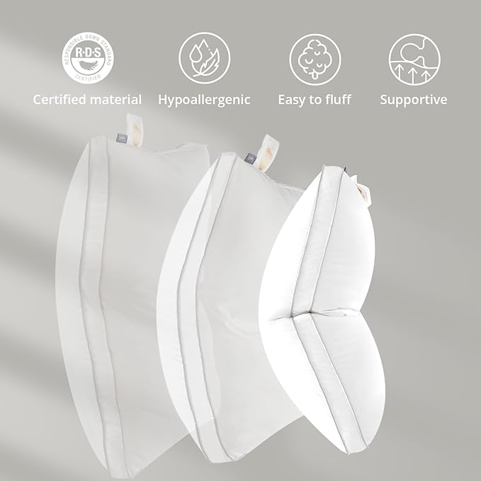 Globon Luxury Feather Down Pillow, Medium Fluffy Pillow King Size, Gusseted Bed Pillows for Sleeping, Hotel Collection Pillows 18"X34", Set of 2