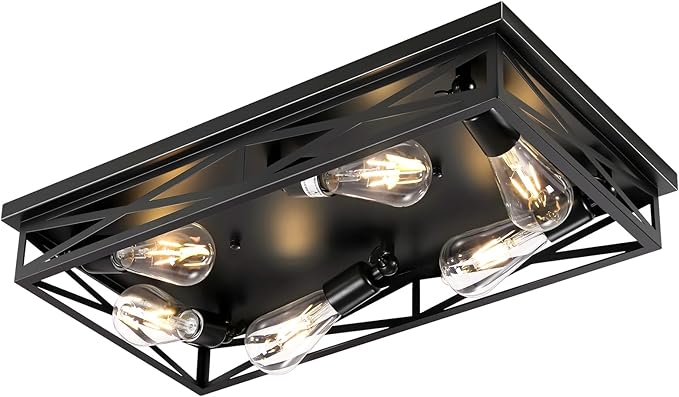 Flush Mount Ceiling Light Fixture,6-Light Black Farmhouse Flush Mount Light Fixture Kitchen Lights, 23" Metal Cage Closed to Ceiling Mounted Lights for Kitchen Hallway Entryway E26 Base