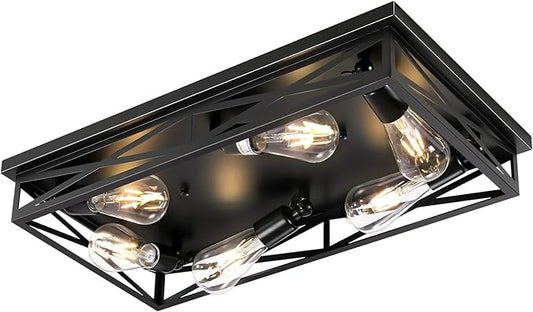 Flush Mount Ceiling Light Fixture,6-Light Black Farmhouse Flush Mount Light Fixture Kitchen Lights, 23" Metal Cage Closed to Ceiling Mounted Lights for Kitchen Hallway Entryway E26 Base