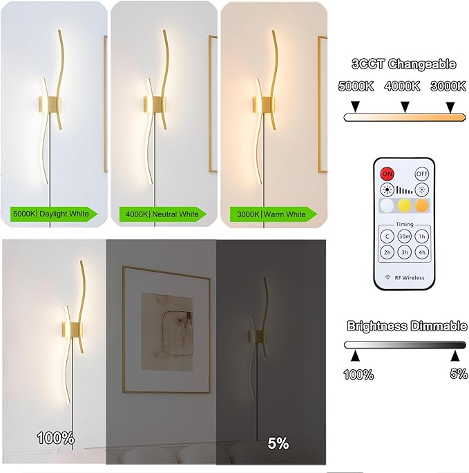Modern Gold Plug in Wall Sconces Set of 2 - Smart Dimmable LED Wall Lights with Remote, 3CCT Adjustable & Memory Function, Timer Setting - No Wiring Needed for Living Room, Bedroom, Hallway
