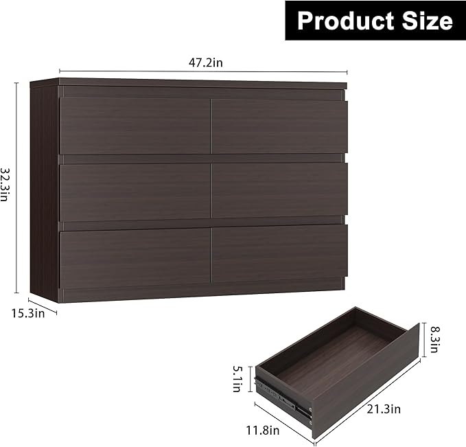 Simply Modern 6-Drawer Dresser, Chest of Drawers for Bedroom, Living Room, Hallway, and Entryway - Large Storage Cabinet with Smooth Metal Rails - Retro Brown