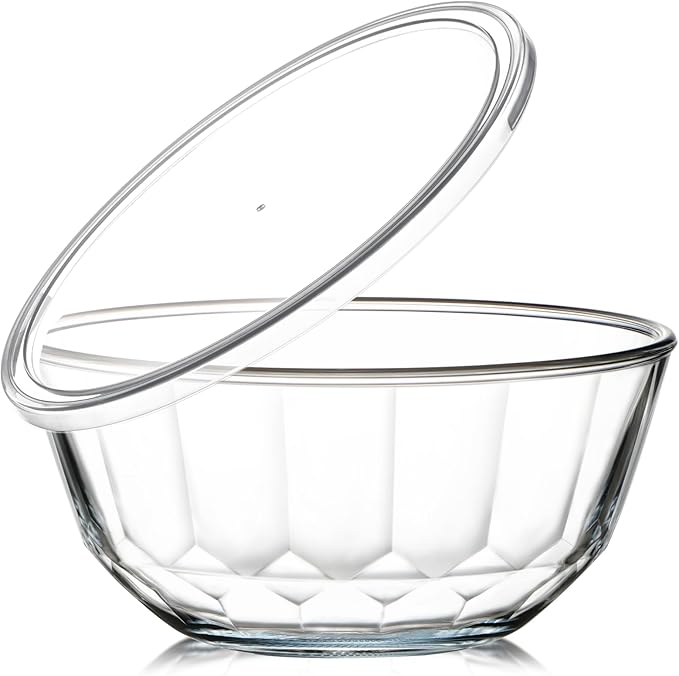 NUTRIUPS 4.7 Quart Large Glass Mixing Bowl with Lid, Deep Big Glass Bowl Large Salad Bowl (White-A)
