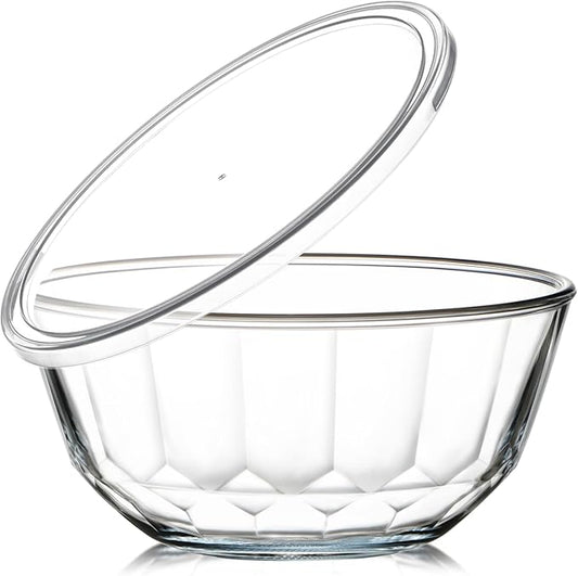 NUTRIUPS 4.7 Quart Large Glass Mixing Bowl with Lid, Deep Big Glass Bowl Large Salad Bowl (White-A)