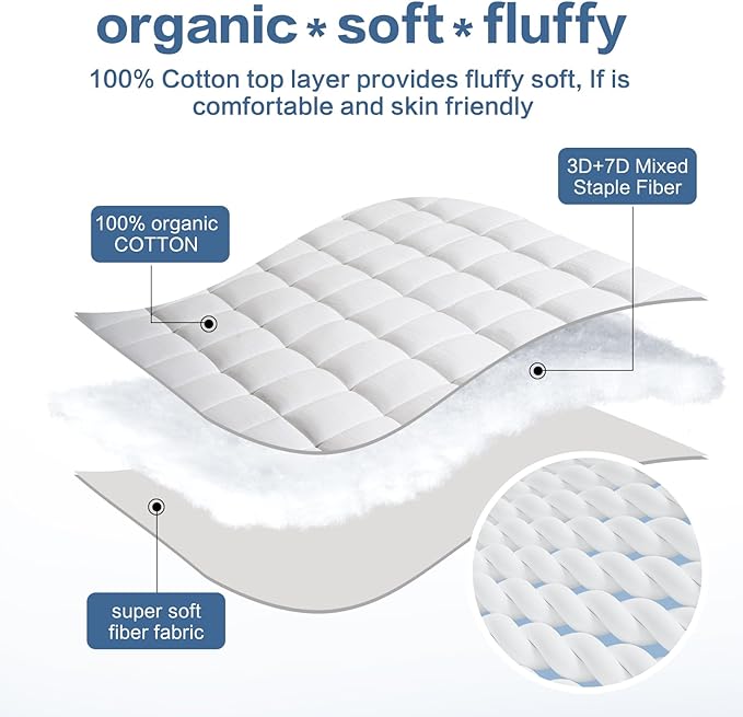 LEISURE TOWN Mattress Pad Twin XL Size Soft Cotton Mattress Cover,Quilted Fitted Mattress Topper with Deep Pocket fits 8-21 inch Mattress,Breathable Fluffy Pillow Top,Cooling Mattress Protector,White