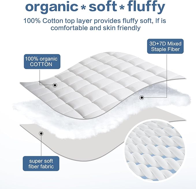 LEISURE TOWN Mattress Pad Queen Size Soft Cotton Mattress Cover,Quilted Fitted Mattress Topper with Deep Pocket fits 8-21 inch Mattress,Breathable Fluffy Pillow Top,Cooling Mattress Protector,White