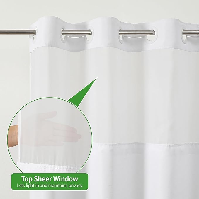 Stall No Hooks Needed White Shower Curtain with Snap-in Fabric Liner Set,Linen Textured Hotel Luxury Decor Shower Curtains for Bathroom with Mesh Top Window,Waterproof & Washable,36Wx74H,