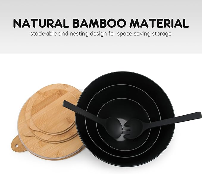 Salad Bowls Set of 3 with Seal Lid & Serving Utensils, Bamboo Fiber Mixing Bowls Set Large Serving Bowls & Storage Set with Bamboo Lid for Salad, Kitchen Eating, Pasta, Popcorn, Fruit, Black