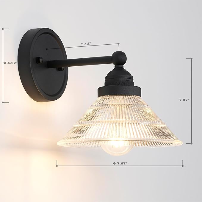 Vintage Wall Sconce 1-Light with Clear Ribbed Glass Shade, Industrial Hardwired Wall Light Fixture for Bedside Living Room Vanity Bathroom Hallway