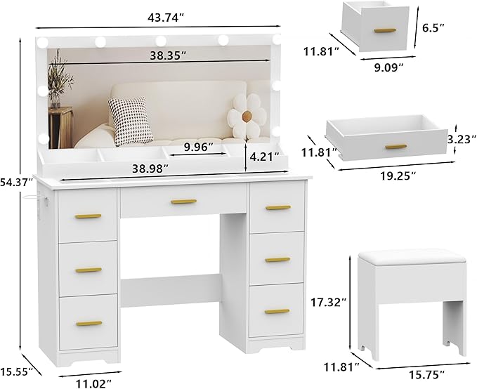 Makeup Vanity Desk with Mirror and Lights, Glass Top Vanity with 38" Lighted Mirror & Charging Station, Large Vanity Mirror with Lights Desk and Chair for Girls 3 Lightings Mode Adjusted, White