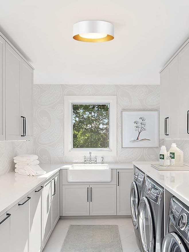 Modern White and Gold Flush Mount Ceiling Lights, Glass Round Ceiling Lighting, Minimalist Drum Close to Ceiling Light Fixtures for Bedroom, Dining Room, Bathroom, Hallways, Living Room