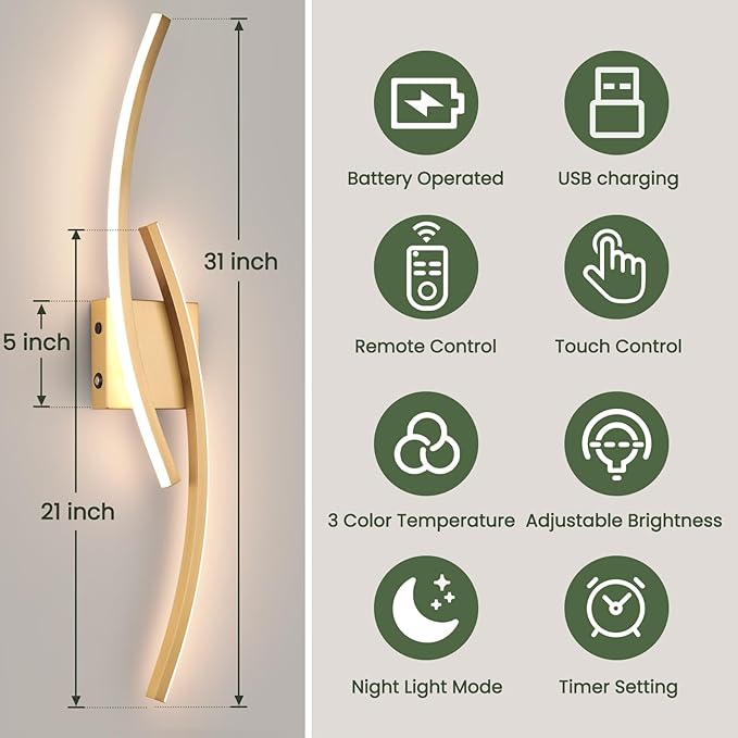Battery Operated Wall Sconce Set of 2,Gold Wall Sconces with Remote Control,3000K-6000K Modern LED Wireless Wall Light for Living Room, Hallway, Bedroom, 39.3 Inch (2 Pack)