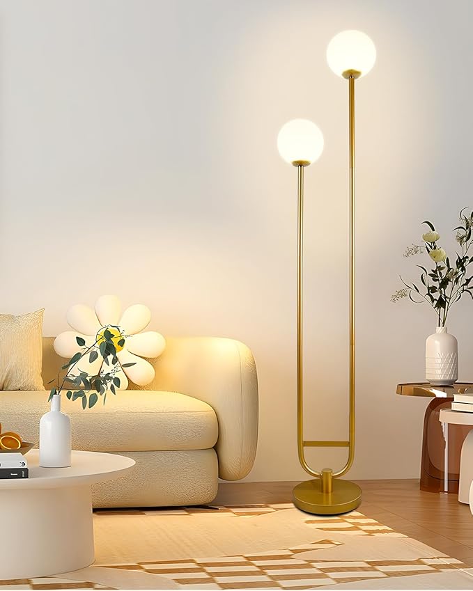 Lightdot 63IN Gold Floor Lamp with U Pole, 2 Globe Mid Century Standing Lamps with Warm White LED Bulbs, Unique Vintage Tall Floor Lamp for Living Room/Wedding/Party