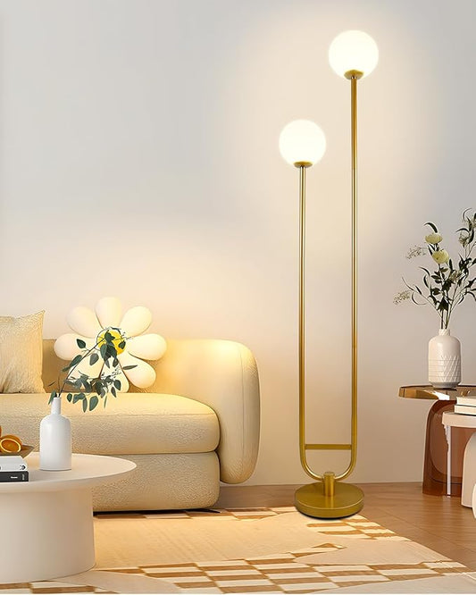 Lightdot 63IN Gold Floor Lamp with U Pole, 2 Globe Mid Century Standing Lamps with Warm White LED Bulbs, Unique Vintage Tall Floor Lamp for Living Room/Wedding/Party