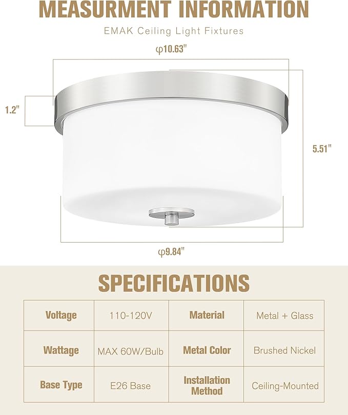 Emak Brushed Nickel Ceiling Light Fixture, Modern Flush Mount Light Fixture with Milk Glass Shade, 11 Inch 2-Light Ceiling Lights for Bedroom, Living Room, Kitchen, Hallway, Bathroom, FM082-BN-ML