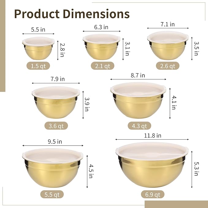 7 PCS Golden Mixing Bowls with Lids Set - Stainless Steel Salad Bowls with Airtight Lids, Mirror Finish Nested Mixing Bowl, 7 Sizes from 1.5 qt to 6.9 qt for Baking, Meal Prep, Food Serving