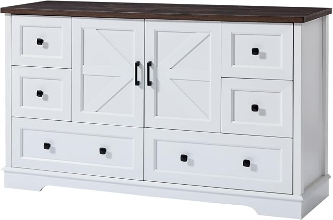 SOOWERY Dresser for Bedroom, Farmhouse Dresser with 6 Wooden Drawers and Storage Cabinet, 55 Inches Wide Chest of Drawers for Bedroom, Living Room, Hallway, White