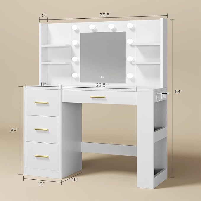 DWVO Vanity Desk with Mirror, Power Outlet and 10 Lights, 40" Big Vanity Makeup Table with 4 Drawers and 8 Open Storage Shelves, 3 Color Modes Adjustable Brightness for Bedroom, White