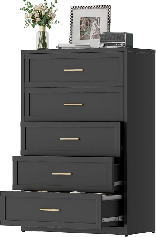 Black Metal Dresser with 5 Drawer，48" Tall Chest of Drawers with Wide Metal Handle,Drawer Organizer for Bedroom,Living Room,Hallway and Entryway