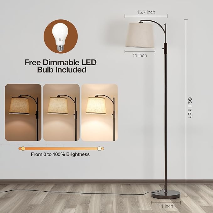 AIDENOEY Fully Dimmable Floor Lamp for Living Room，Standing Lamp Rotary Switch with Linen Beige Shade，Brown Tall Lamps for Bedroom with Adjust Head，9W LED Bulb Included