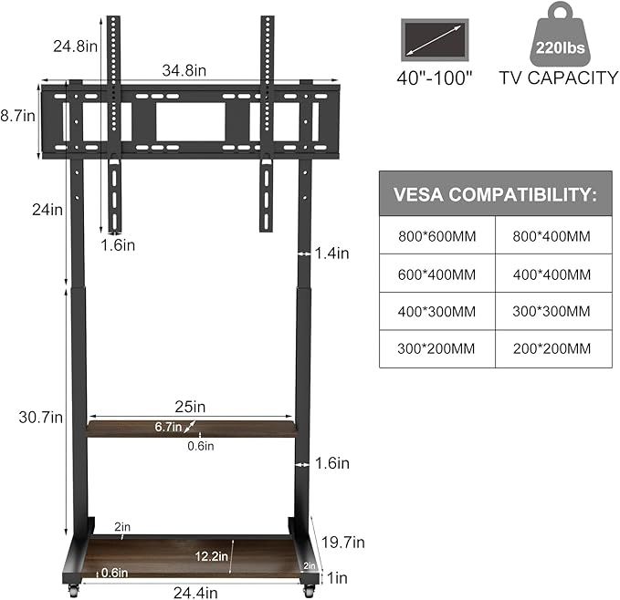 unho Rolling TV Cart Rolling TV Stand with Wheels for 40 55 65 75 85 100Inch LCD LED Flat up to 220 lbs, Max VESA800x600 mm Heavy Duty Portable Floor TV Stand Large Base Trolley Height Adjustable