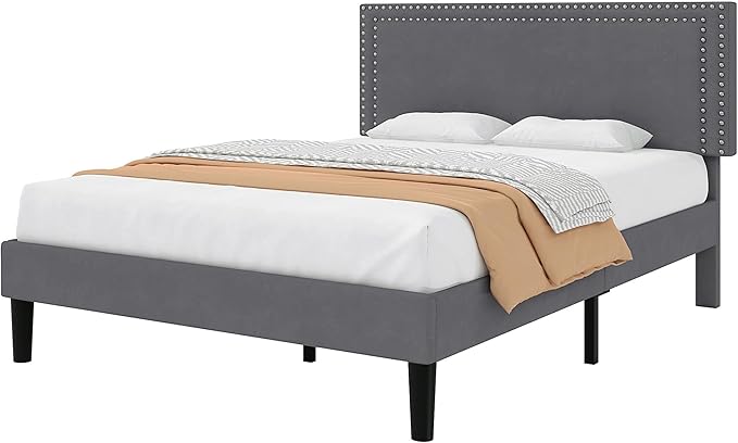 VECELO Full Size Bed Frame with Adjustable Upholstered Headboard, Wooden Slats Platform, Noise-Free Design, Easy Assembly