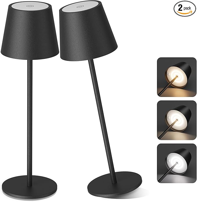 Aipsun Rechargeable Cordless LED Table Lamp 2 Pack, 6200mAh Battery Powered with Stepless Dimming, Waterproof Outdoor Modern Black Finish