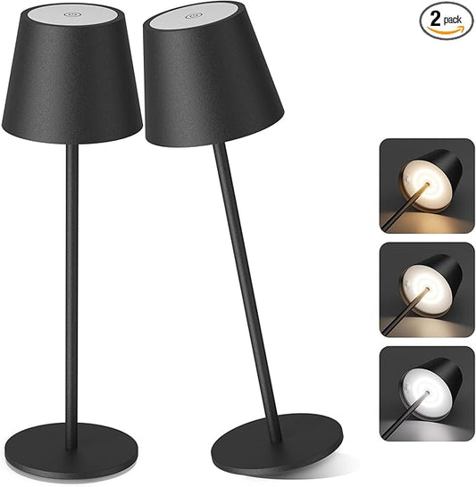 Aipsun Rechargeable Cordless LED Table Lamp 2 Pack, 6200mAh Battery Powered with Stepless Dimming, Waterproof Outdoor Modern Black Finish