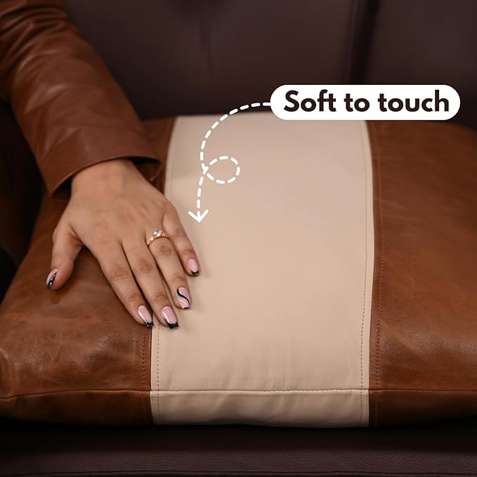 D DOLLY LAMB Lambskin Leather Pillow Cover - Sofa Cushion Case - Decorative Throw Covers for Living Room & Bedroom, 14x14 Inches - Tan & Off - White Plain