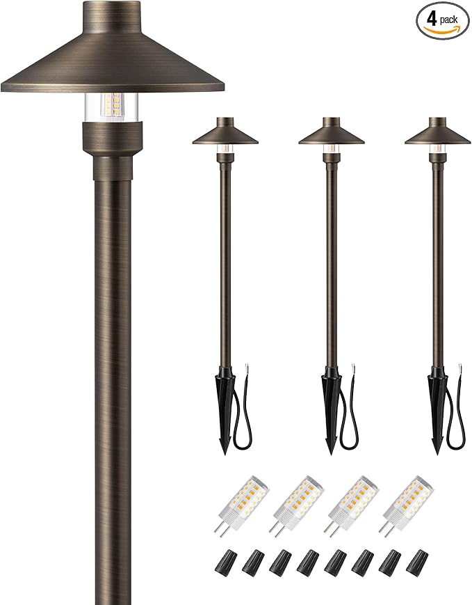 EDISHINE Solid Brass Low Voltage Pathway Lights Wired, 22" Tall 6" Shade, 4Pack Heavy Duty LED Landscape Lighting with G4 Bulb, 12V 350LM 3000K Waterproof Outdoor Landscape Path Light with Large Stake