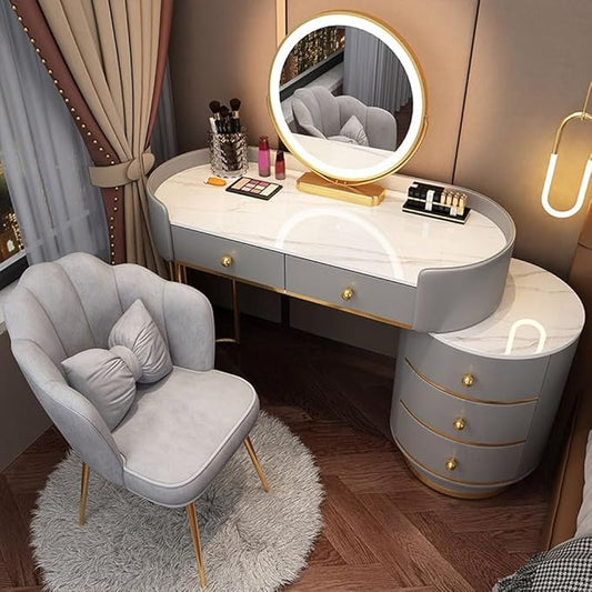 KWOKING Contemporary Make-up Vanity with Slate Stone Top & Storage Drawers Bedroom Dressing Table Storage Cabinet Integrated Table Gray White - Makeup Vanity & Mirror & Petal Chair 39"L x 16"W x 31"H