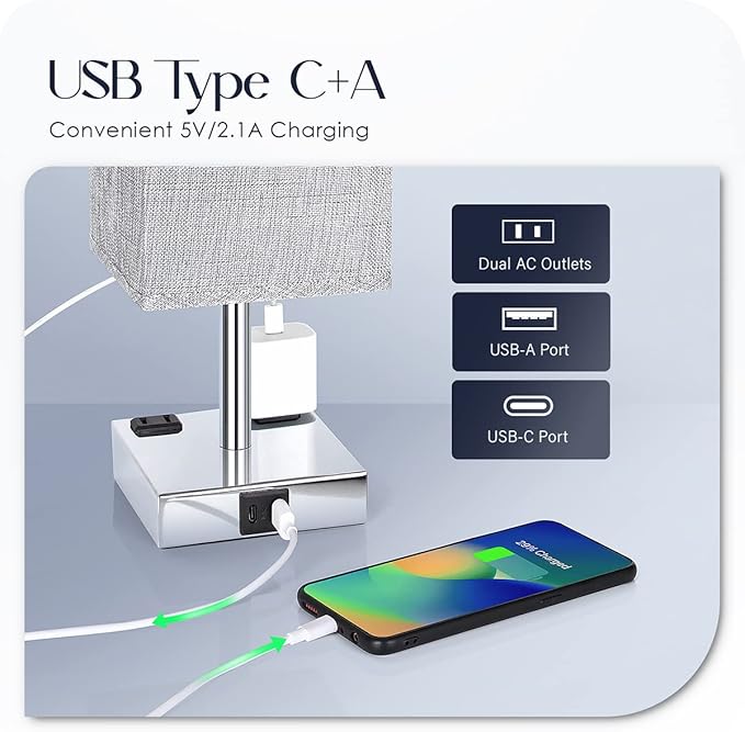 Bedside Lamp with USB Ports - Touch Control Table Lamp for Bedroom with USB C+A Charging Ports & AC Outlets, 3 Way Dimmable Nightstand Light for Living Room (LED Bulb Included, Chrome - Grey)