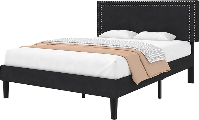 VECELO Queen Size Bed Frame with Adjustable Upholstered Headboard, Wooden Slats Platform, Noise-Free Design, Easy Assembly