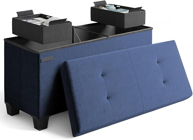 STORAGEBUD Storage Ottoman Bench with Bins, 30-in Storage Bench for Bedroom End of Bed, Folding Foot Rest Ottoman for Living Room Max 660lbs, Velvet Ottomans, Blue