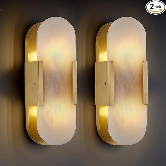 13.8 in Brass Alabaster Wall Sconces, Natural Marble Wall Sconces Set of Two Indoor Alabaster Sconces for Living Room Modern Alabaster Sconces Wall Lighting for Dining Room Stairs Bedroom