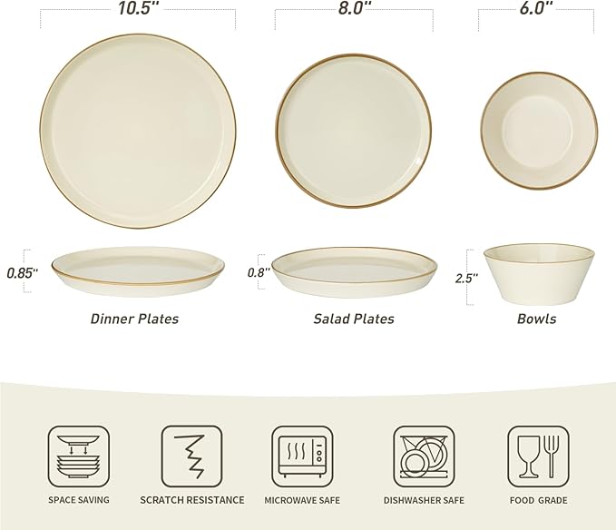 Famiware Saturn Dinnerware Sets, Plates and Bowls Sets for 4, 12 Pieces Stoneware Dish Set - Chip and Scratch Resistant, Microwave and Dishwasher Safe Tableware Set, Vanilla White with Rim