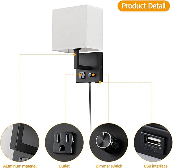 Plug in Wall Sconce, Bedside Wall lamp with Plug and dimmable Switch, with USB Charging Port and Socket, Suitable for Hotel, Corridor, Living Room and Bedroom Wall Light (Black)