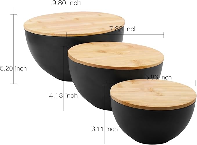 Salad Bowl Set of 3 with Bamboo Wooden Lids, Mixing Bowls Set, Nesting Bowls for Space Saving Storage, Made with Durable Eco-Friendly Bamboo Fiber, Great for Prepping and Serving Food, Black
