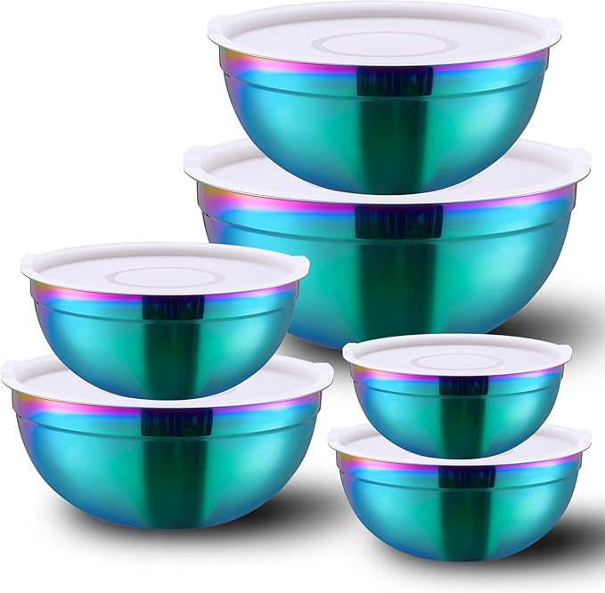 6 Piece Rainbow Mixing Bowls with Lids for Kitchen, Stainless Steel Mixing Bowls Set Ideal for Baking, Prepping, Cooking and Serving Food, Nesting Metal Mixing Bowls for Space Saving Storage