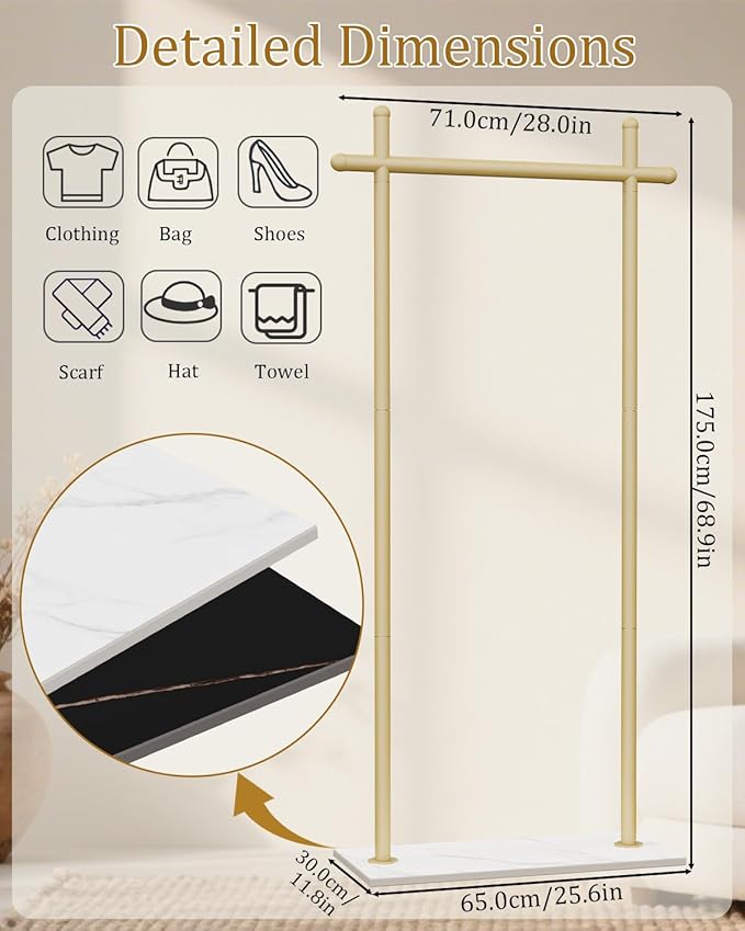 Coat Rack Freestanding with Natural Rock Base, Metal Coat Hanger Stand, Industrial Garment Rack, Clothes Tree for Bedroom Living Room Office To Hang Outerwear, Hats, 68.9in, Gold, Large